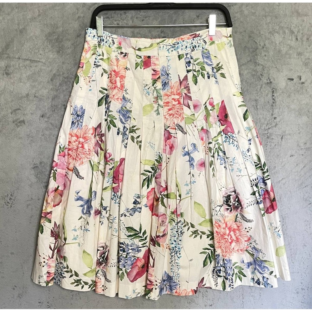 Floral Pleated Midi Skirt Size 10 A-Line Lined Pockets Cottagecore Summer Party